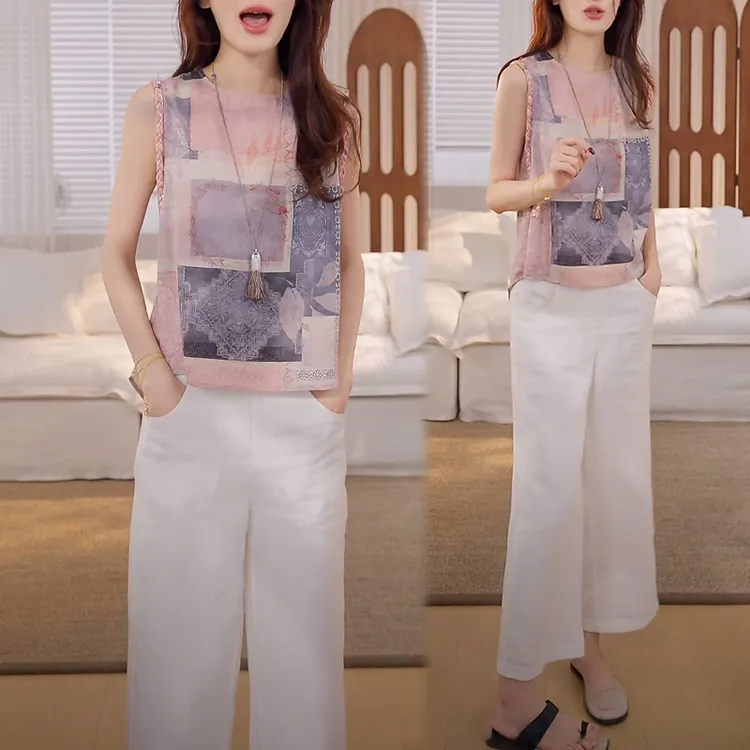 圆领拼色无袖上衣休闲裤两件套女2025年夏季新款时尚百搭两件套潮