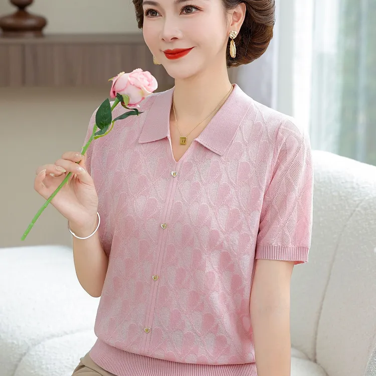 时尚妈妈夏季翻领短袖针织T恤洋气上衣中年妇女冰丝打底宽松小衫