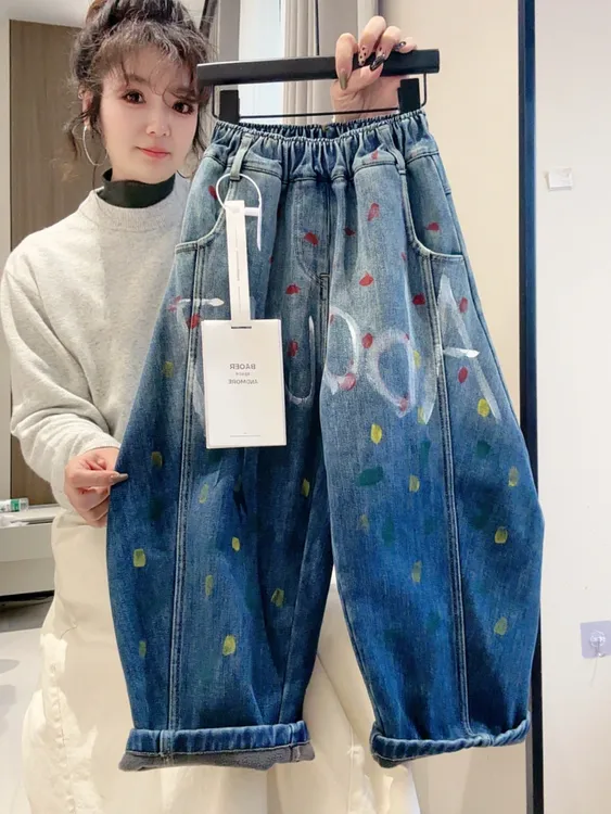 【加绒  不加绒】手绘涂鸦男童加绒裤子儿童牛仔裤秋冬季男孩弯刀裤
