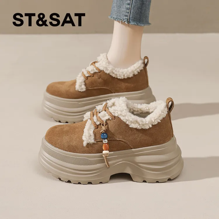 星期六复古勃肯棉靴女士2025新款冬季串珠鞋带雪地靴东北厚底短靴