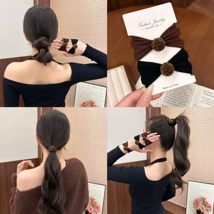 韩系植绒豹纹发圈女高级感球球毛巾圈秋冬复古头绳百搭低马尾皮筋