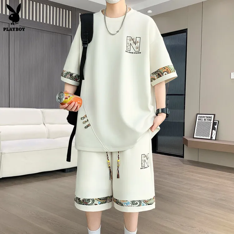 花花公子PLAYBOY夏季新款潮牌大码休闲运动套装男士时尚百搭