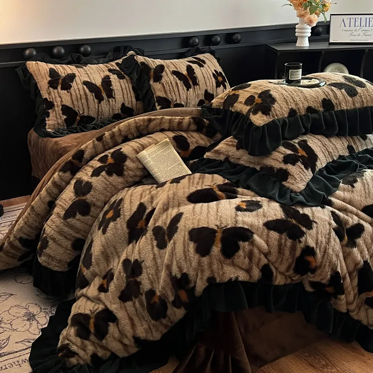 赫本风冬季保暖加厚牛奶绒床上四件套印花兔绒花边被套床单三件套