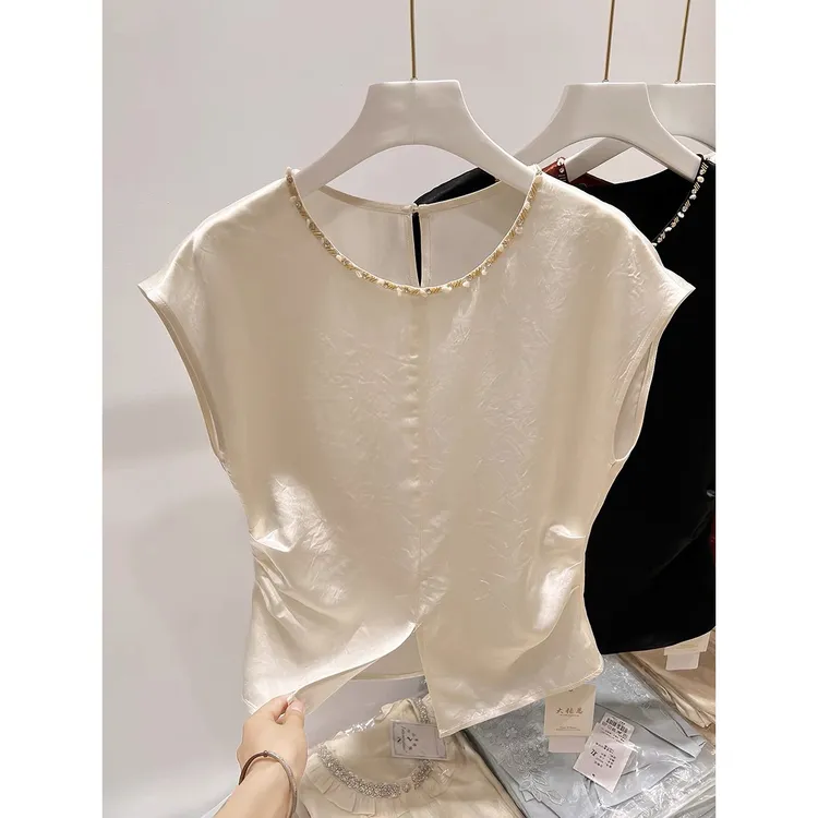 2025新款韩国气质显瘦圆领钉珠下摆开叉褶皱浮雕无袖雪纺衫女夏季