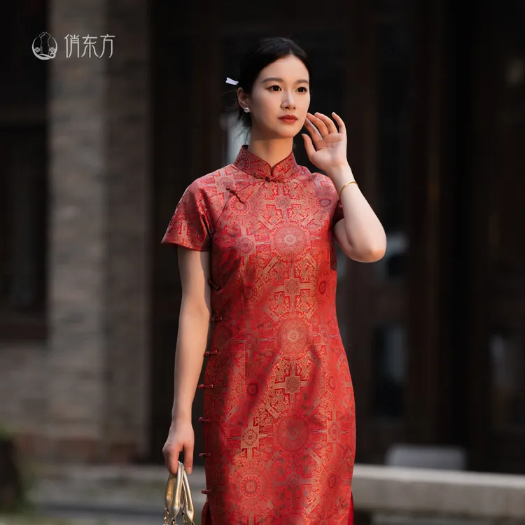 俏东方【红色八达晕】春夏新款喜婆婆喜妈妈红旗袍宋锦旗袍