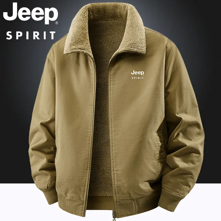 jeep spirit吉普双面穿外套中年男士爸爸装加绒纯棉保暖翻领夹克
