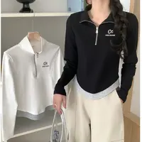燕苹新春款修身显瘦时尚百搭半高圆领长袖假两件短款T恤打底A801