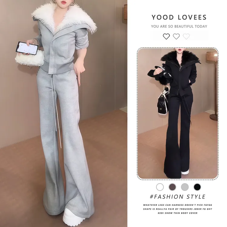 2025冬季新款加绒加厚毛毛大翻领拉链外套女高腰阔腿裤休闲套装