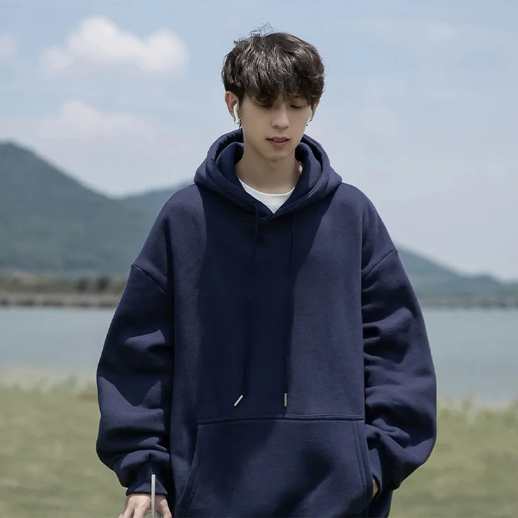 美式重磅藏青色连帽卫衣男秋季潮流百搭宽松大码高街痞帅学生外套