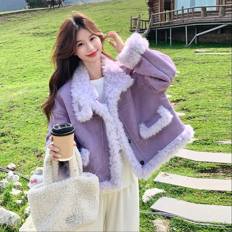 国风刺绣提花皮毛一体羊羔毛外套女2025冬季新款小个子短款厚棉服