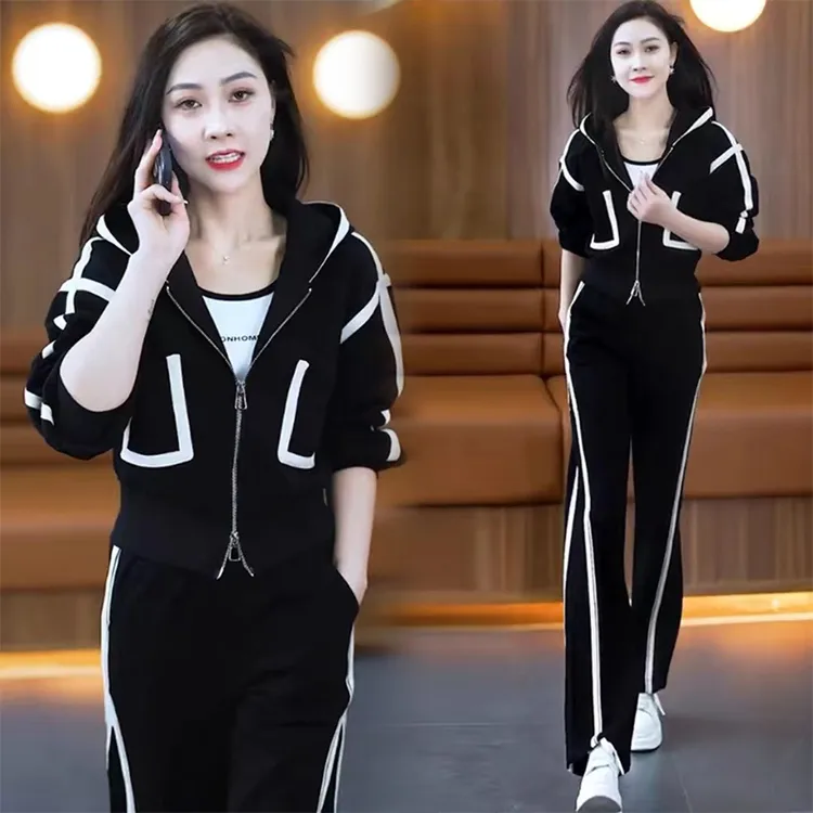 高含棉休闲运动套装女2026年春秋新款洋气韩版显瘦连帽开衫两件套