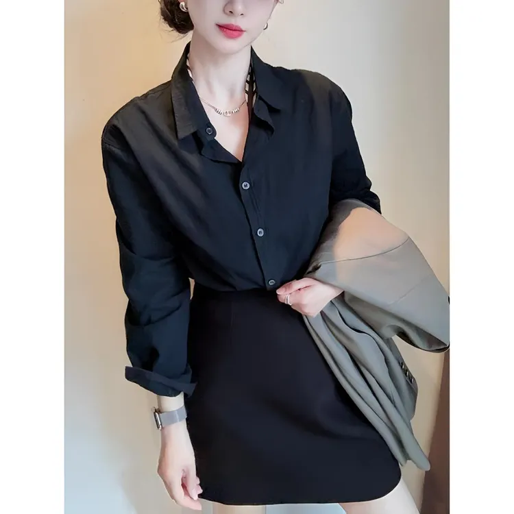 老钱风长袖衬衫女宽松网红洋气女装纯棉衬衣防晒纯色薄款内搭时尚