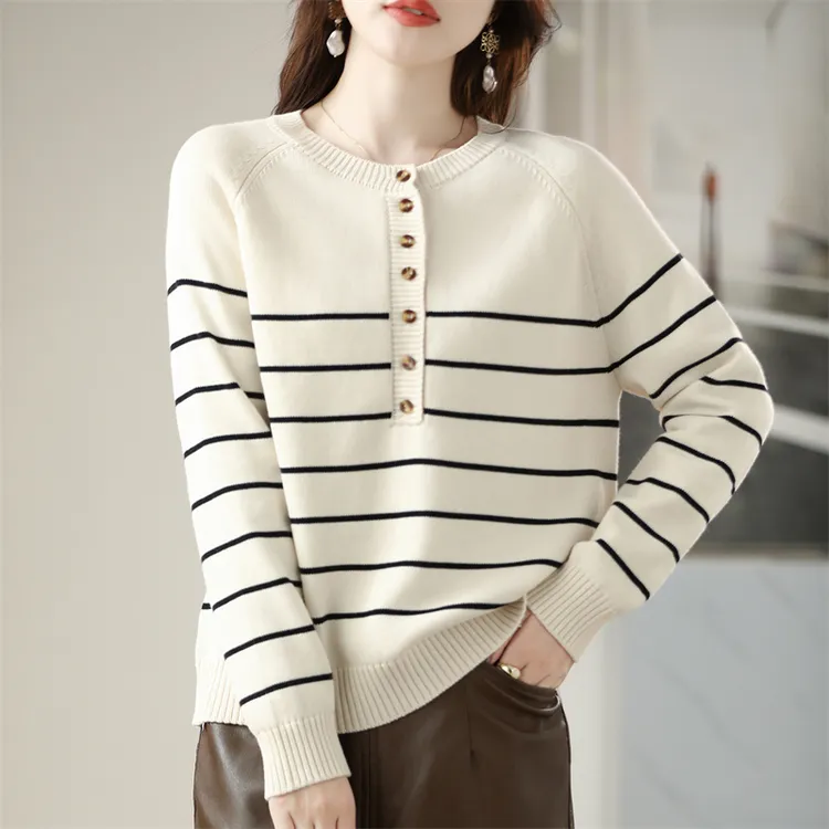 100%纯棉线针织衫七针加厚条纹打底衫长袖洋气时尚女装宽松大码
