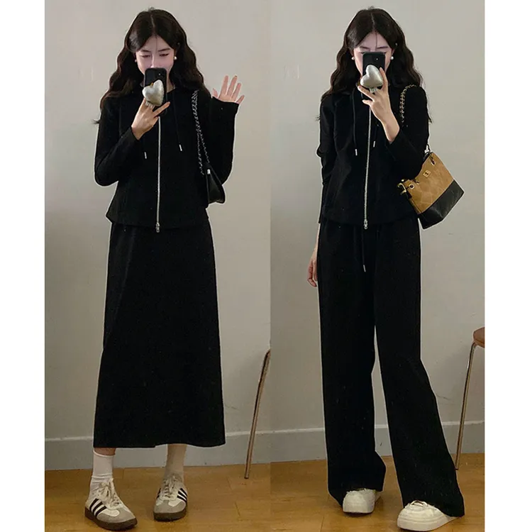 大码胖mm女装秋季宽松连帽拉链卫衣垂感长裤+高腰半身裙套装女