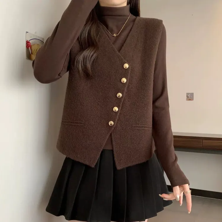 大码女装秋冬新款咖色半高领长袖针织衫搭配V领针织毛衣马甲套装