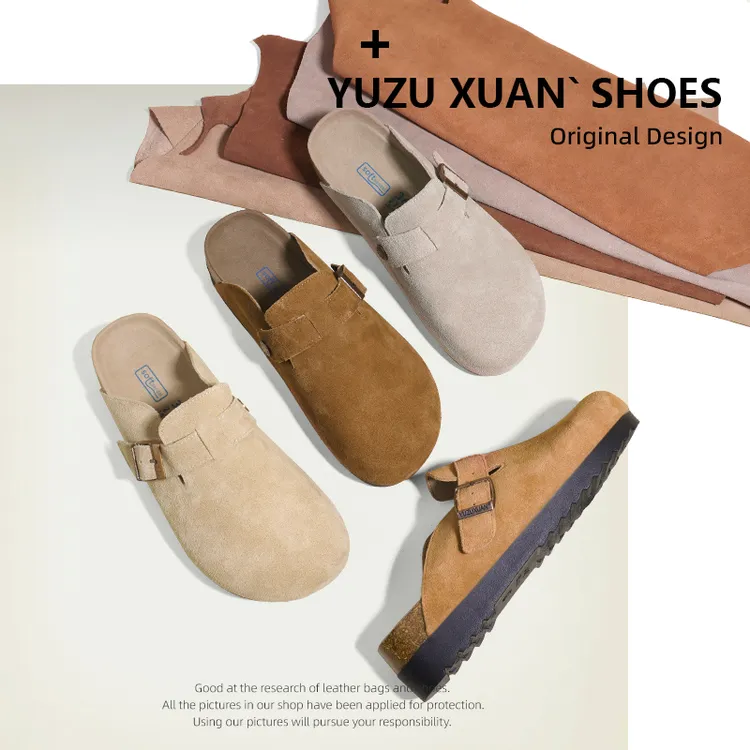 牛皮勃肯鞋包头拖鞋女半拖软木底外穿真皮厚底跟高4CM