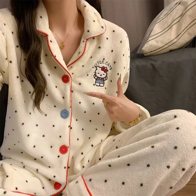 波点凯蒂猫珊瑚绒睡衣女秋冬季加厚保暖韩系ins风甜美家居服套装