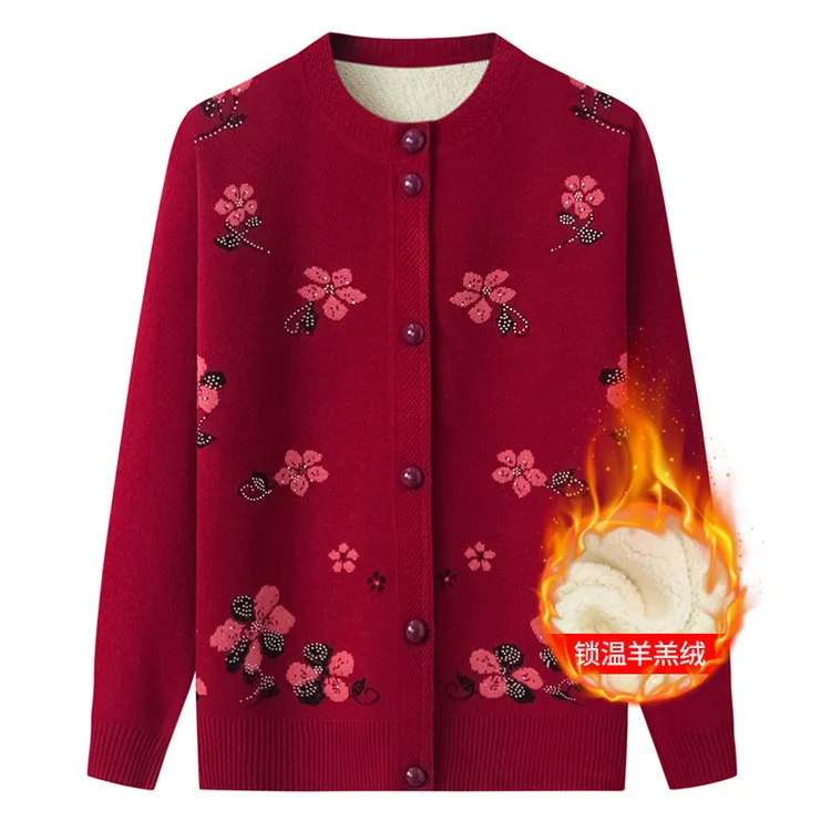 加绒加厚妈妈开衫毛衣秋冬装外套女气质奶奶装开衫针织衫老人衣服