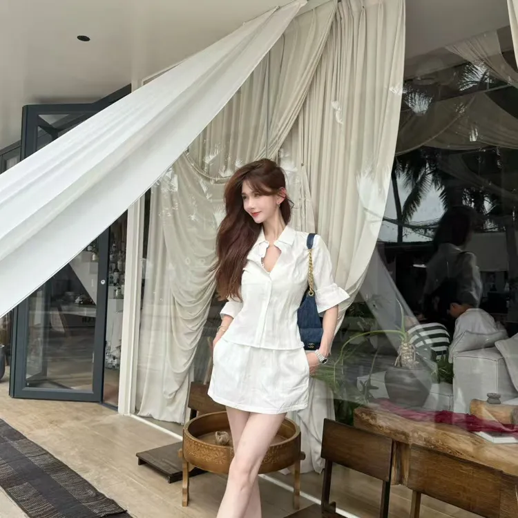 【安妮罗曼史】亚麻老钱风套装款收腰衬衫高腰A字半身裙两件套 