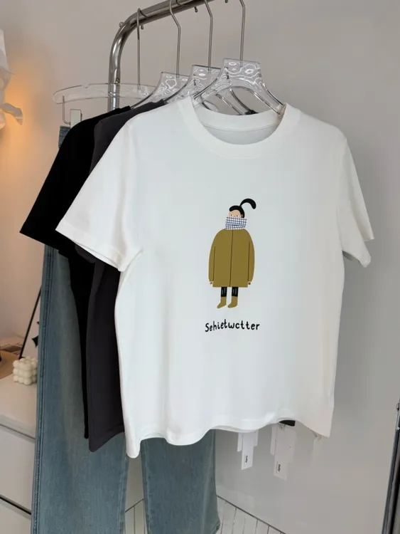 黄衣女孩T～韩版宽松显瘦百搭圆领透气舒适印花短袖休闲时尚HZ