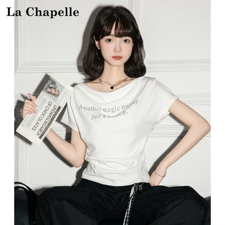 拉夏贝尔荡领设计感字母印花短袖T恤女2025夏季新款纯欲风上衣潮