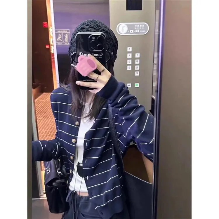 官图实价 条纹针织衫女早秋2025新款韩系穿搭正肩chic毛衣外套