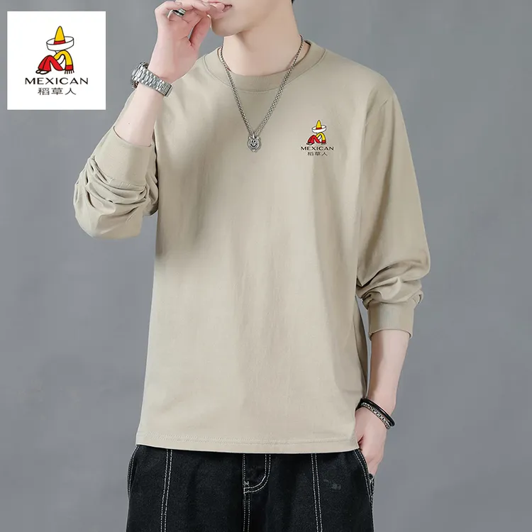 稻草人长袖四季通用纯棉印青年T恤宽松春秋季男装复古风休闲百搭