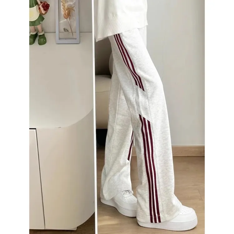 美式撞色条纹直筒灰色卫裤男款早秋休闲百搭潮牌宽松阔腿休闲裤子