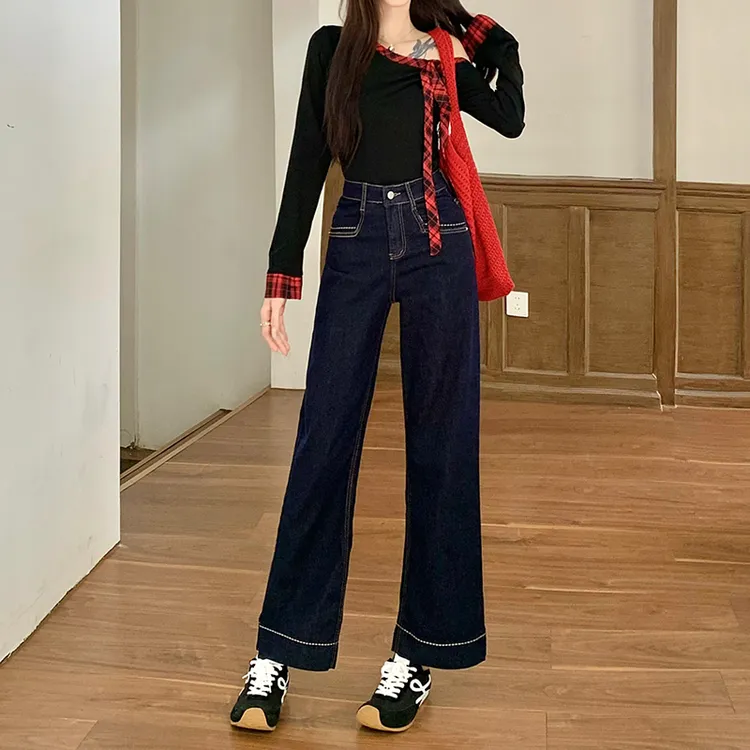  丹宁蓝阔腿牛仔裤女直筒裤高腰宽松显瘦休闲2025年秋季新款