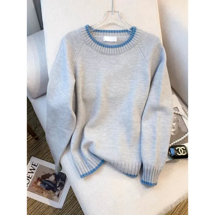 气质好的想转圈圈！拼色套头针织衫女韩系减龄宽松显瘦慵懒风毛衣