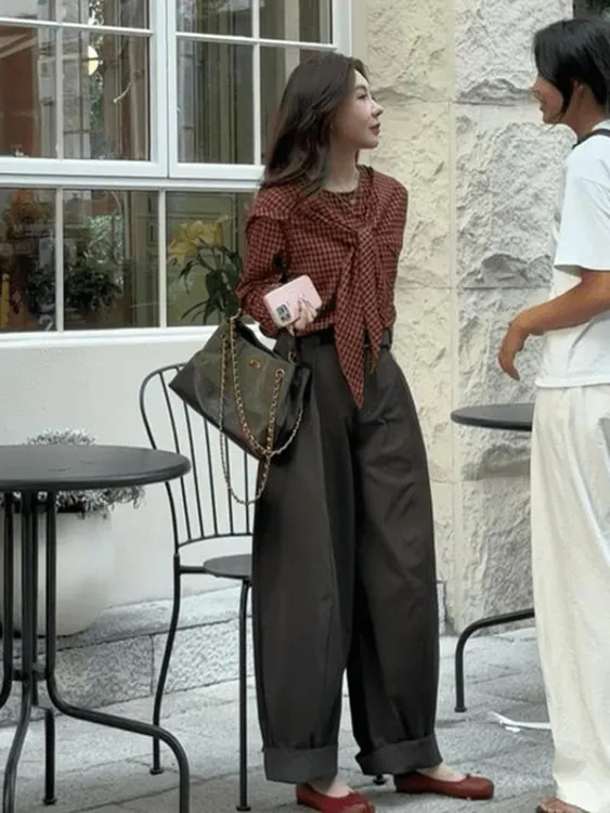 巨好看的秋季一整套减龄洋气时尚大方得体穿搭格子衬衫两件套装裤