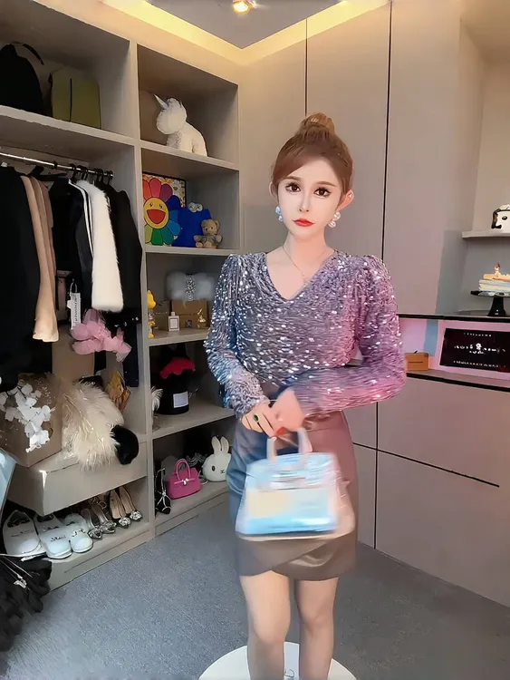 辣妹时尚亮片长袖拼接PU皮连衣裙2025春秋气质修身显瘦包臀裙女