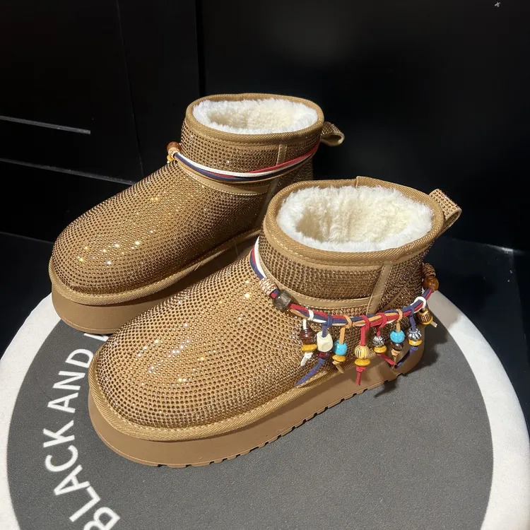 雪梨潮钻鞋25冬季+6cm新款复古金咖雪地靴保暖穿搭双11好物