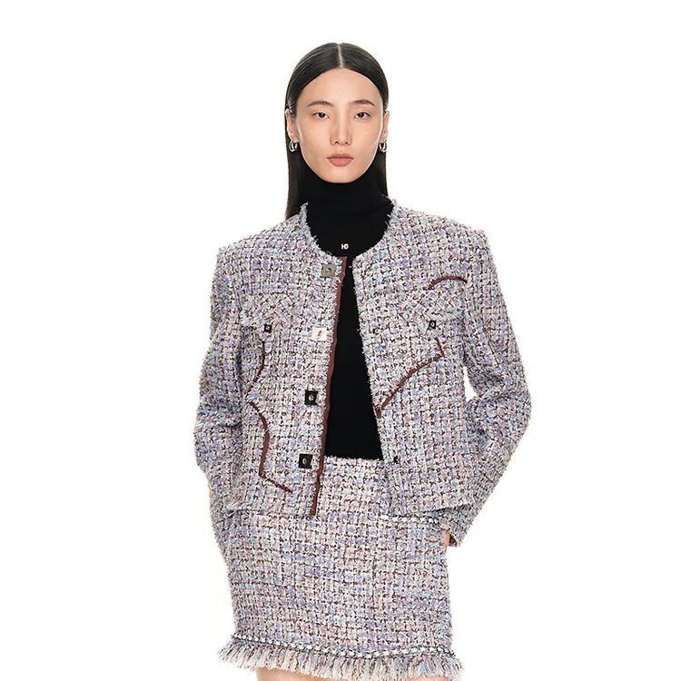 H·GENTEEL荷高冬女蓝白粗花呢不规则拼片外套GUD42520507-2