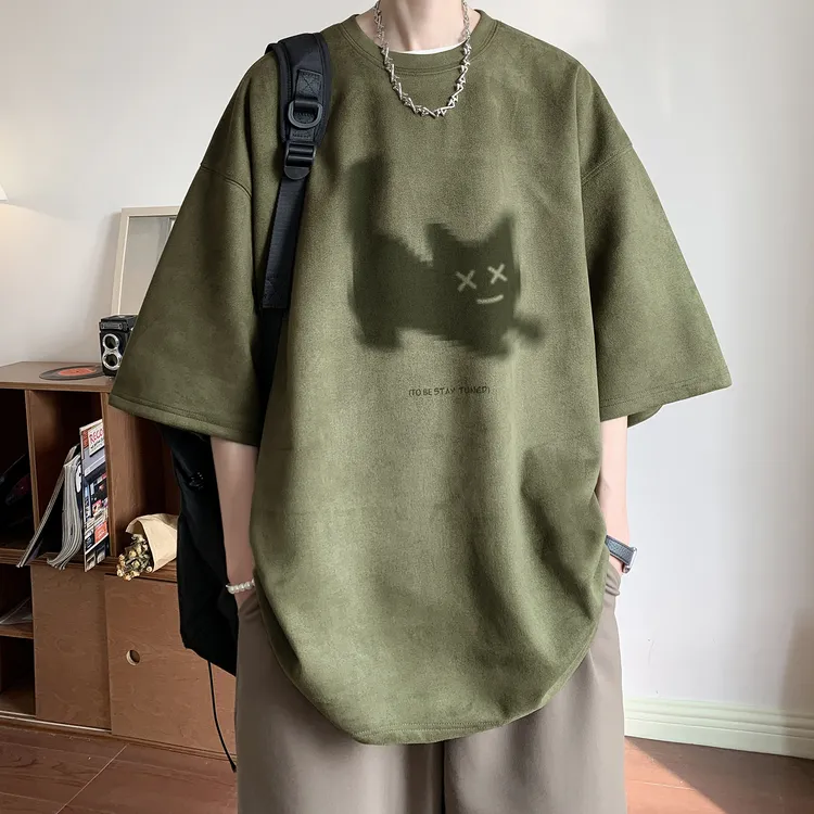 仿麂皮绒小猫烧花短袖T恤男夏季美式复古重磅上衣潮牌设计感半袖