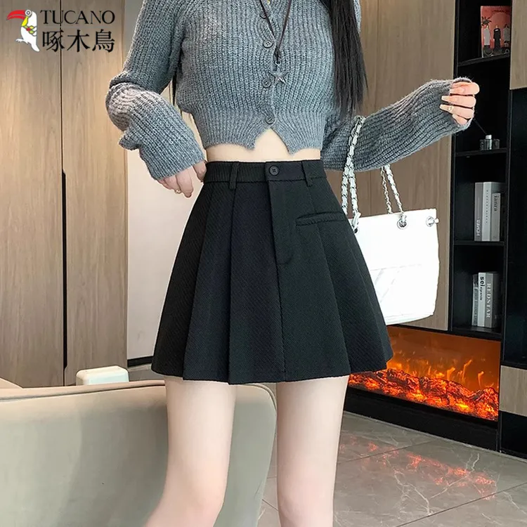 TUCANO/啄木鳥秋冬毛呢半身裙高腰显瘦短裙a字百褶裙防走光包臀裙