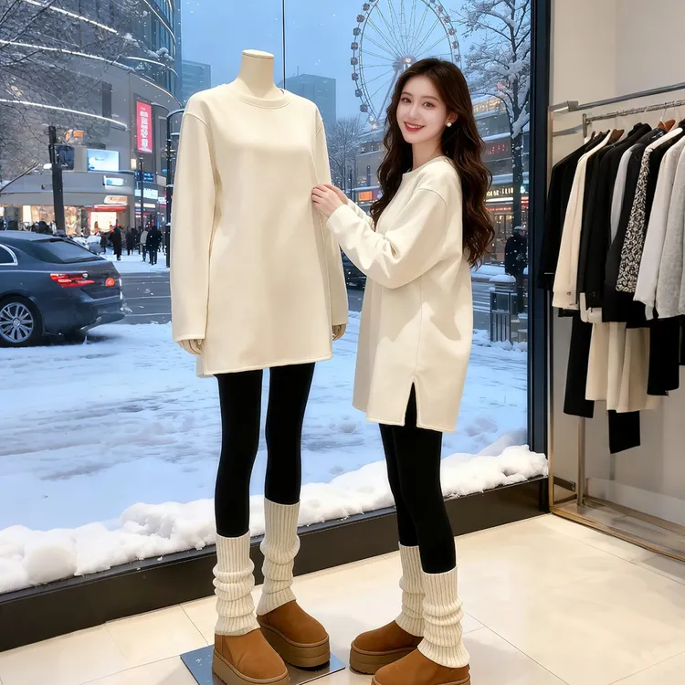 秋季叠穿宽松圆领白色长袖T恤内搭女基础磨毛加绒开叉上衣打底衫