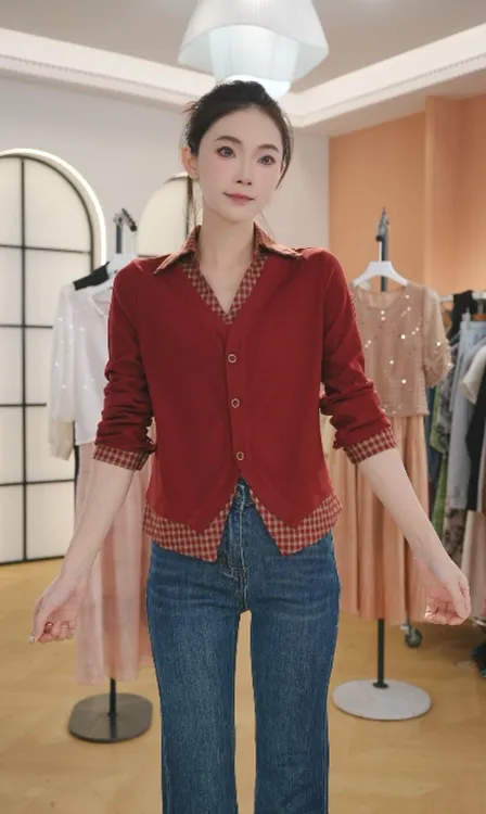 F3023复古拼接假两件针织开衫毛衣女慵懒高级感休闲