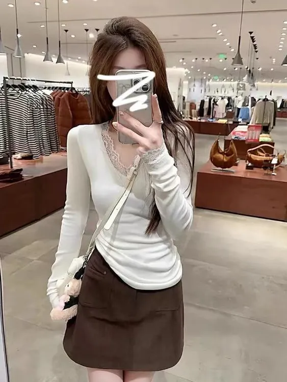 A101# 秋冬加绒蕾丝拼接显瘦针织上衣新款纯欲风内搭长袖上衣