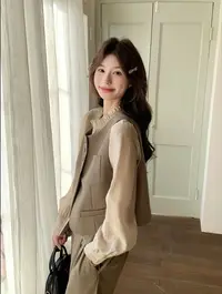 W1016(三件套）新款韩系小香风高级感衬衫马甲阔腿长裤气质三件套