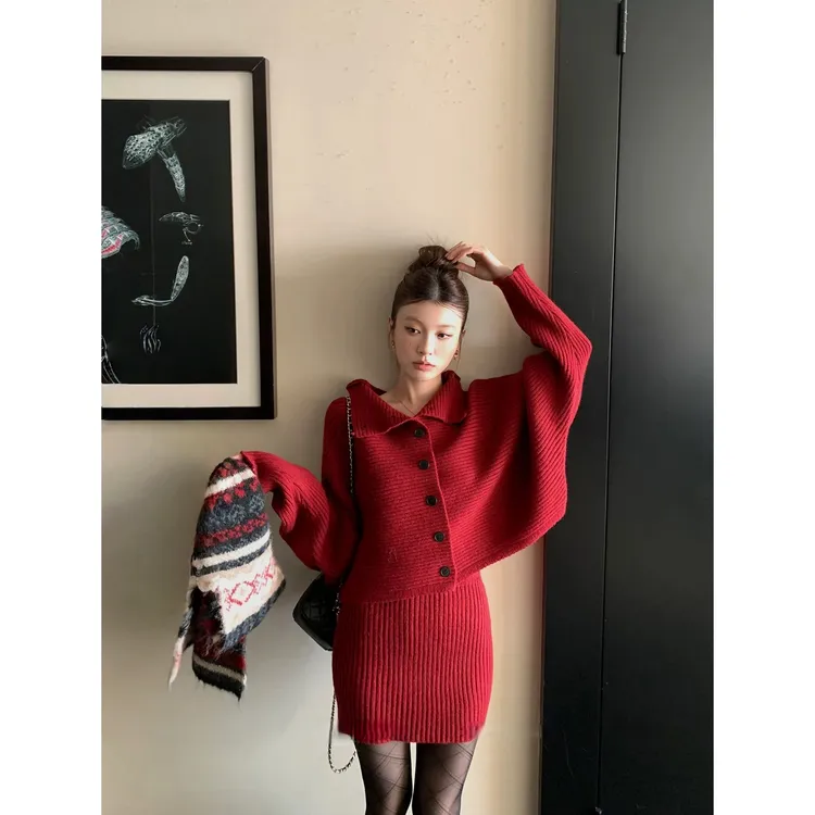 网红休闲简约通勤加厚开衫+短裙时尚套装休闲风