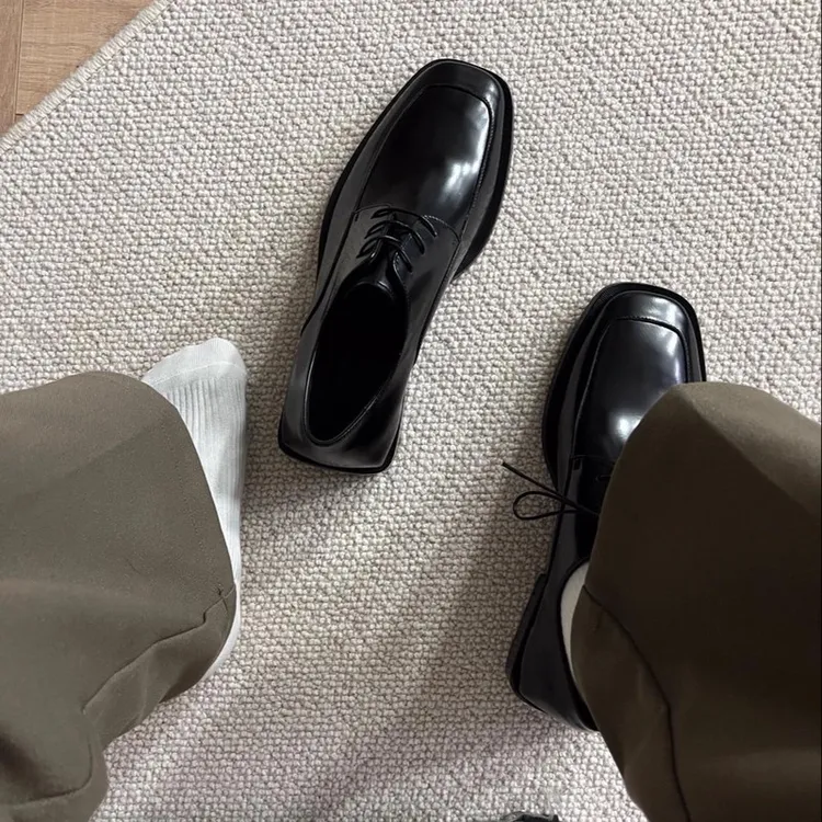 官方正品~方头皮鞋男款厚底增高英伦风黑色商务正装男士休闲结婚
