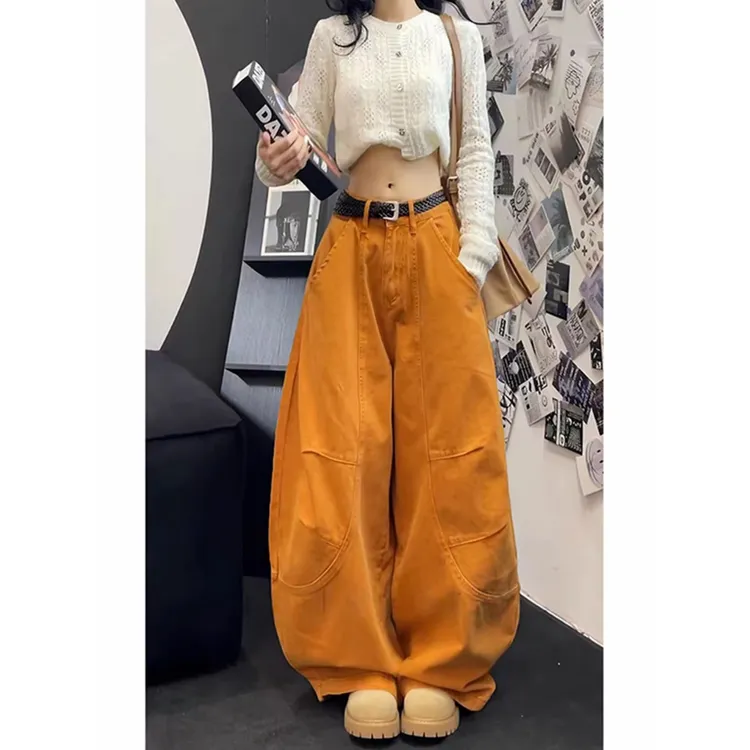 【纯棉款】橙色时尚立体裁片阔腿工装牛仔裤百搭宽松显瘦休闲弯刀裤