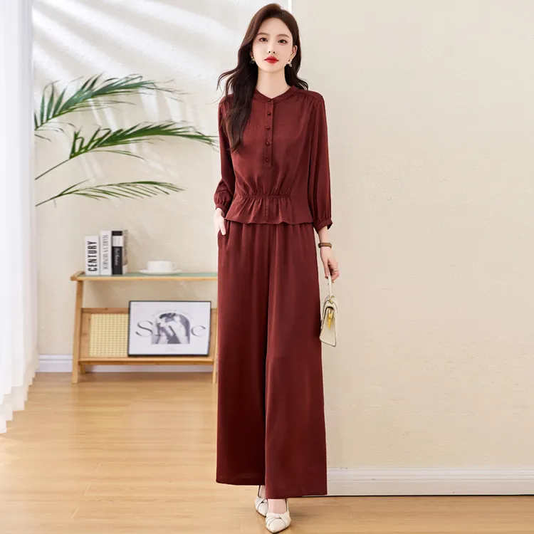 高级感红色时尚套装女2025春秋新款洋气休闲气质减龄阔腿裤两件套