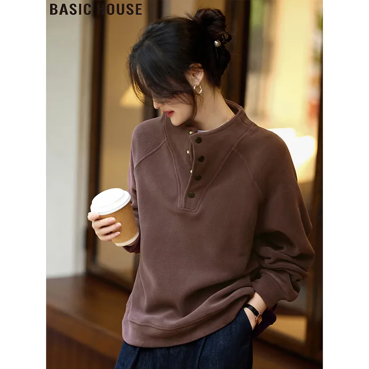 Basic House/百家好夜幕紫萝纽扣立领德绒套头卫衣女2026秋季新款