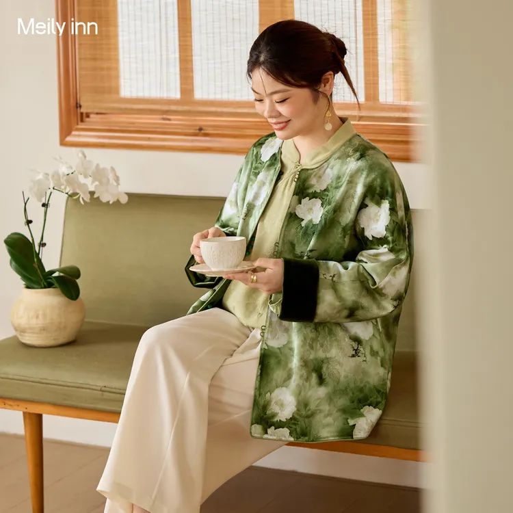 美丽客栈高端新中式双面双穿外套女大码胖mm国风宽松丝绒复古上衣