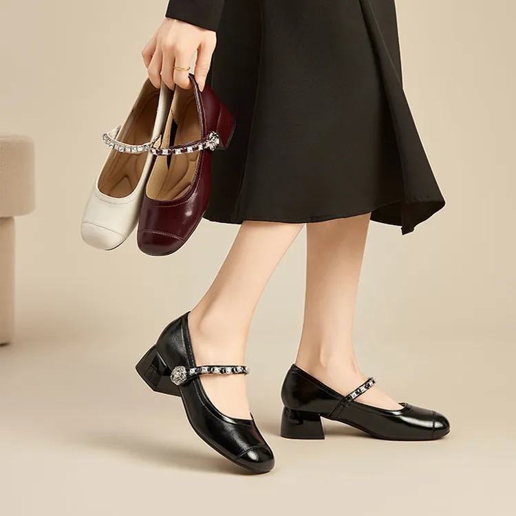 新款羊皮玛丽珍女鞋真皮中跟圆头复古单鞋浅口百搭小皮鞋