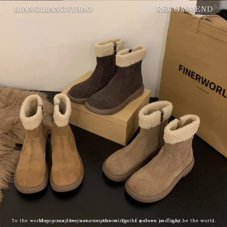 勃肯鞋雪地靴女加绒加厚短靴2025新款冬季毛毛靴皮毛一体雪地棉鞋