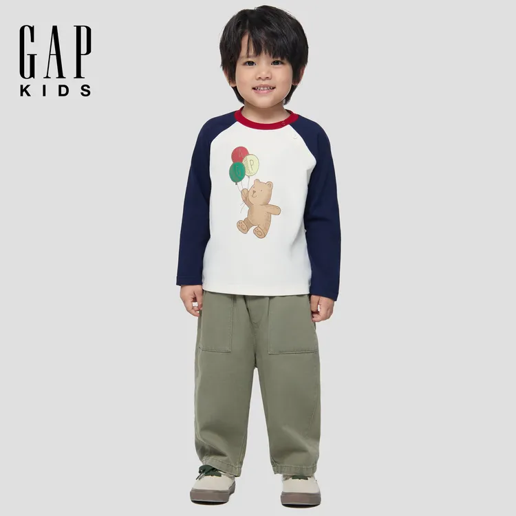 gap 童装2025秋季新款印花撞色插肩长袖T恤宽松装上衣 DR 804551