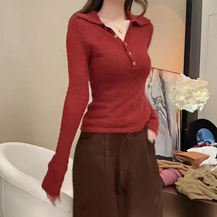 2025秋冬设计感翻领套头针织衫女洋气别致马海毛衣YY-80040